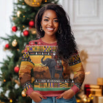 Afro Christmas in Kenya Safari Ugly Christmas Sweater Black Santa Riding Elephant - African Pride