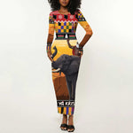 Afro Christmas in Kenya Safari Long Sleeve Bodycon Dress Black Santa Riding Elephant - African Pride