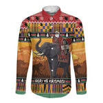 Afro Christmas in Kenya Safari Long Sleeve Button Shirt Black Santa Riding Elephant - African Pride