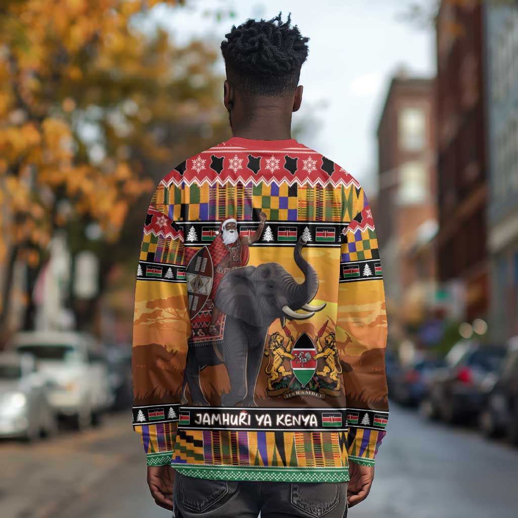 Afro Christmas in Kenya Safari Long Sleeve Shirt Black Santa Riding Elephant - African Pride