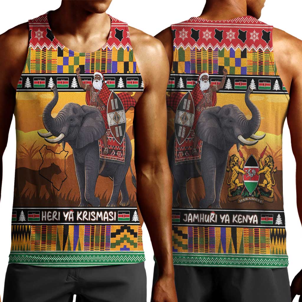 Afro Christmas in Kenya Safari Men Tank Top Black Santa Riding Elephant - African Pride