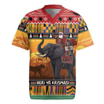 Afro Christmas in Kenya Safari Rugby Jersey Black Santa Riding Elephant - African Pride