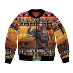 Afro Christmas in Kenya Safari Sleeve Zip Bomber Jacket Black Santa Riding Elephant - African Pride