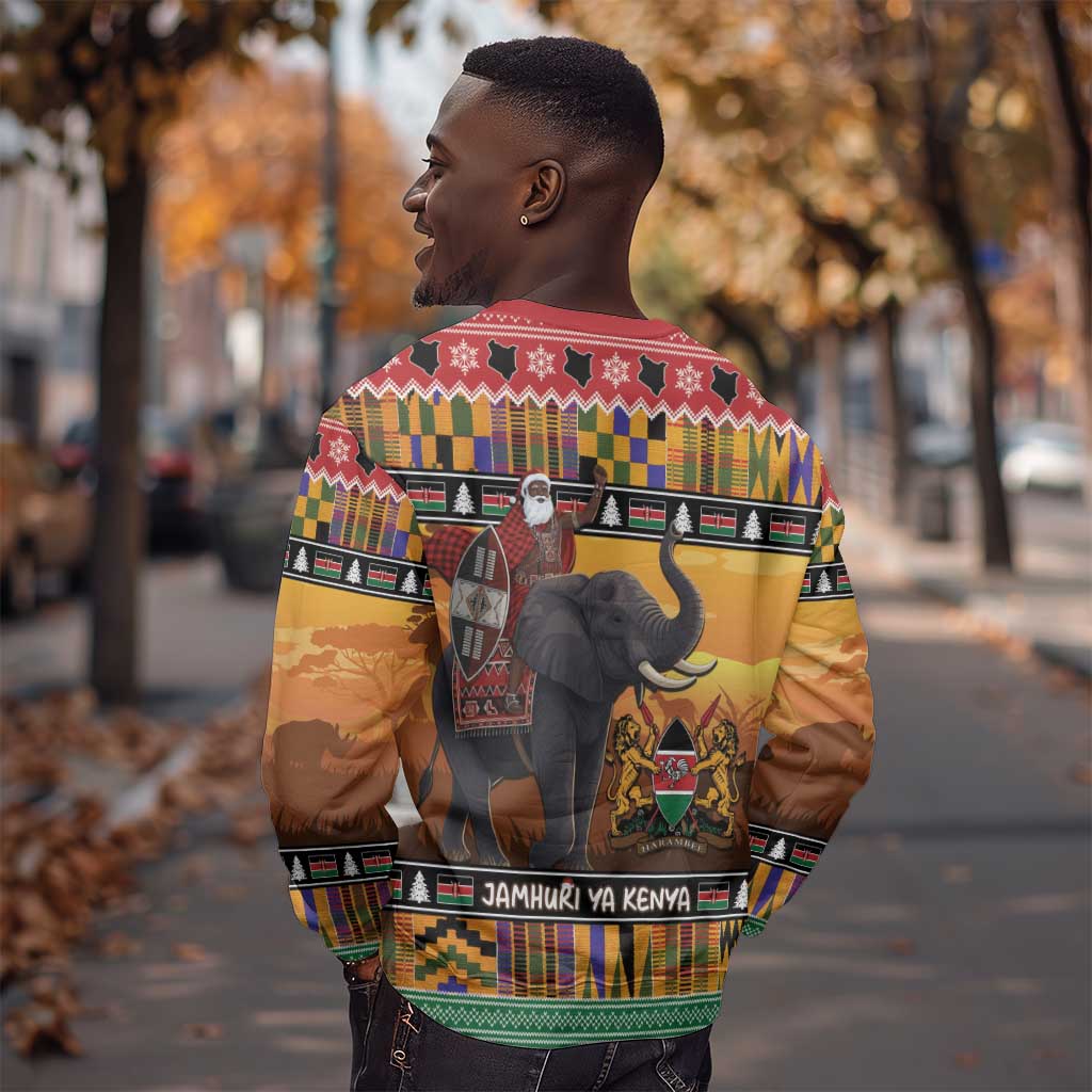 Afro Christmas in Kenya Safari Sweatshirt Black Santa Riding Elephant - African Pride