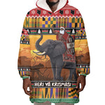 Afro Christmas in Kenya Safari Wearable Blanket Hoodie Black Santa Riding Elephant - African Pride