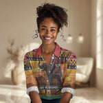 Afro Christmas in Kenya Safari Women Casual Shirt Black Santa Riding Elephant - African Pride