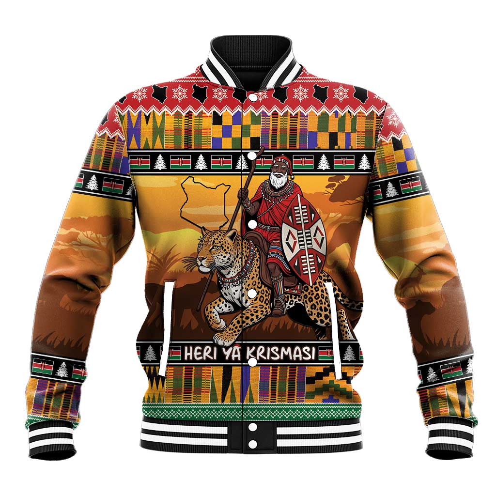 Afro Christmas in Kenya Safari Baseball Jacket Black Santa Riding Leopards - African Pride