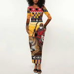 Afro Christmas in Kenya Safari Long Sleeve Bodycon Dress Black Santa Riding Leopards - African Pride