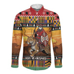 Afro Christmas in Kenya Safari Long Sleeve Button Shirt Black Santa Riding Leopards - African Pride