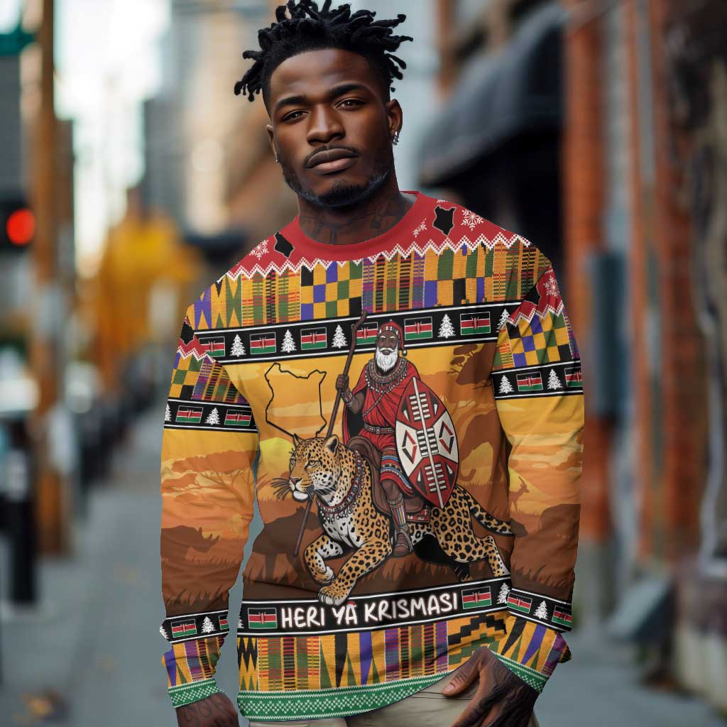 Afro Christmas in Kenya Safari Long Sleeve Shirt Black Santa Riding Leopards - African Pride