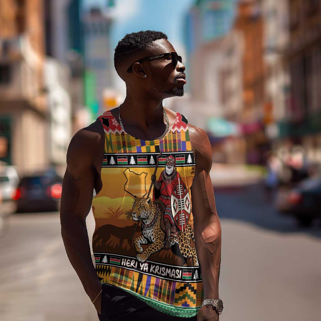 Afro Christmas in Kenya Safari Men Tank Top Black Santa Riding Leopards - African Pride