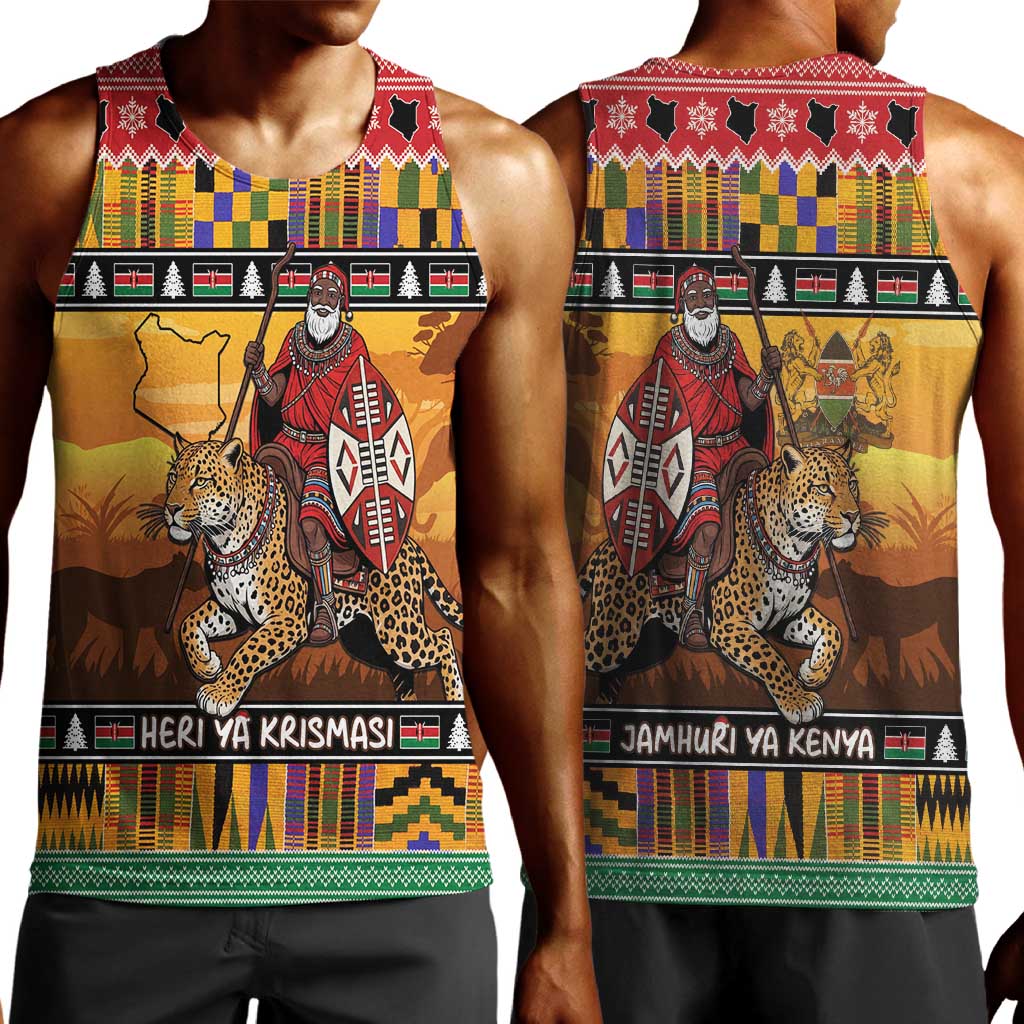 Afro Christmas in Kenya Safari Men Tank Top Black Santa Riding Leopards - African Pride