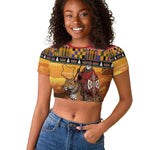Afro Christmas in Kenya Safari Raglan Cropped T shirt Black Santa Riding Leopards - African Pride
