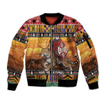 Afro Christmas in Kenya Safari Sleeve Zip Bomber Jacket Black Santa Riding Leopards - African Pride