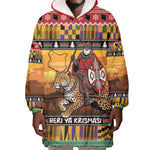 Afro Christmas in Kenya Safari Wearable Blanket Hoodie Black Santa Riding Leopards - African Pride