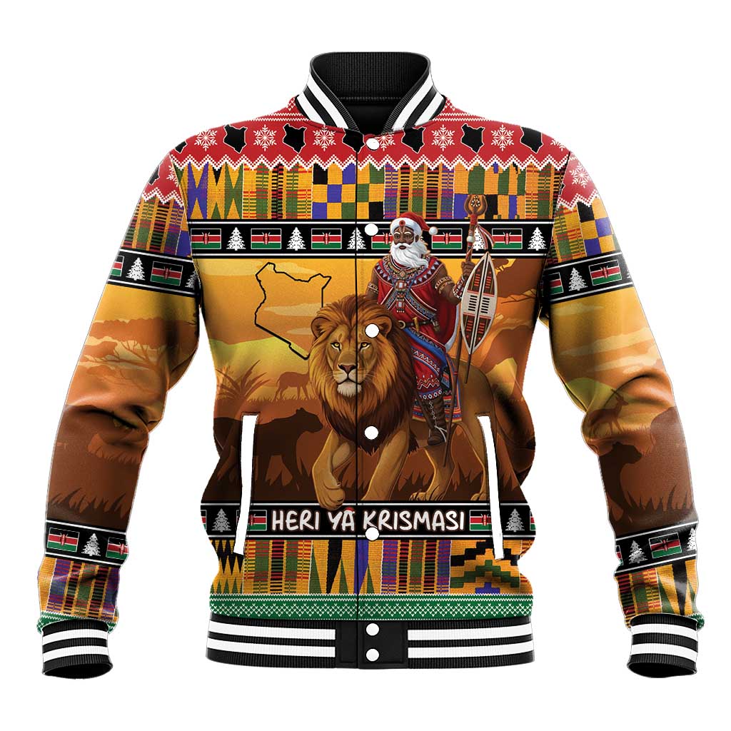 Afro Christmas in Kenya Safari Baseball Jacket Black Santa Riding Lion - African Pride