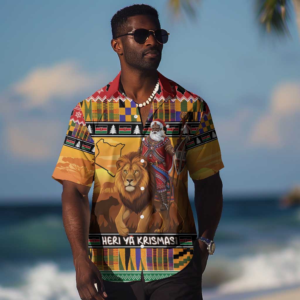 Afro Christmas in Kenya Safari Hawaiian Shirt Black Santa Riding Lion - African Pride