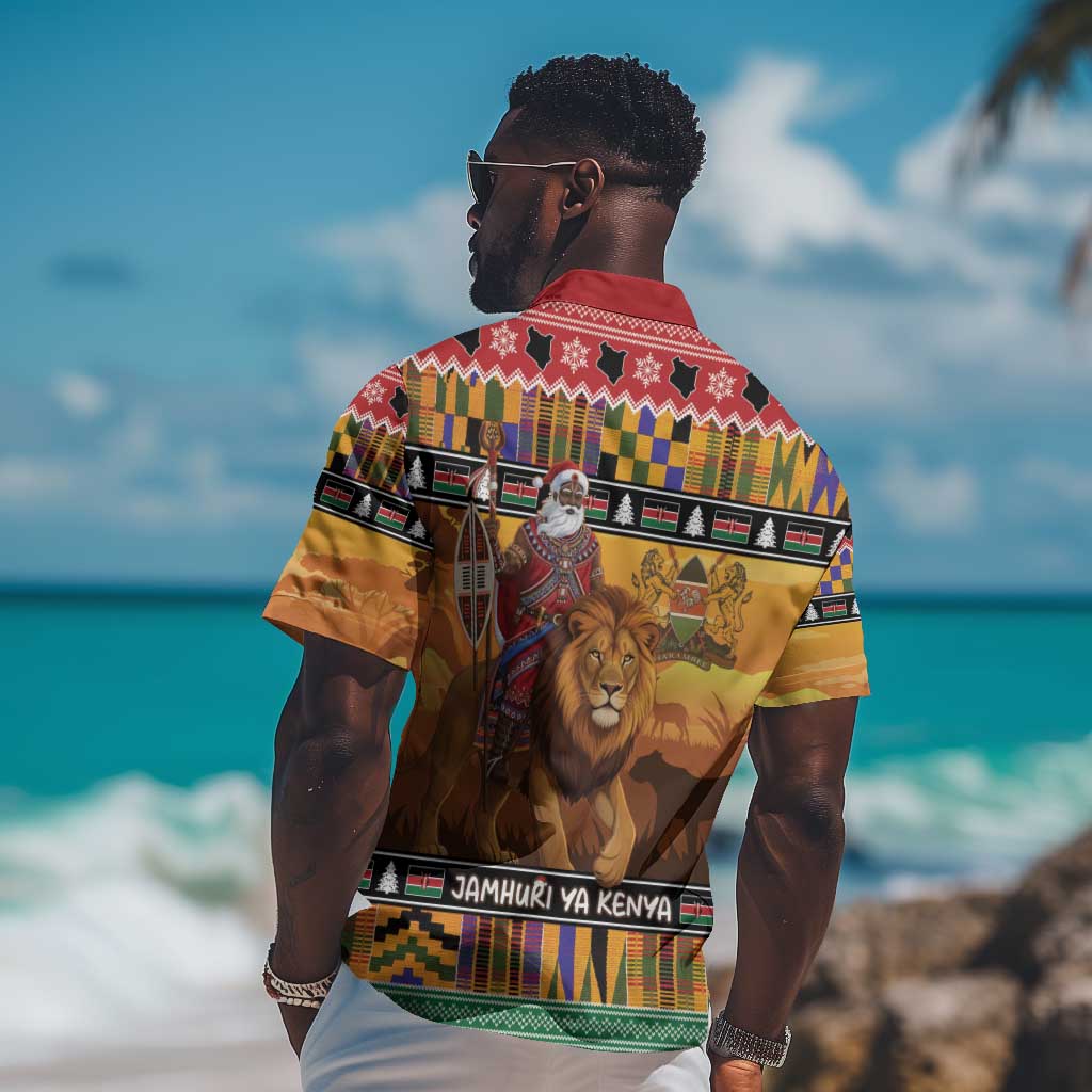 Afro Christmas in Kenya Safari Hawaiian Shirt Black Santa Riding Lion - African Pride