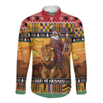 Afro Christmas in Kenya Safari Long Sleeve Button Shirt Black Santa Riding Lion - African Pride