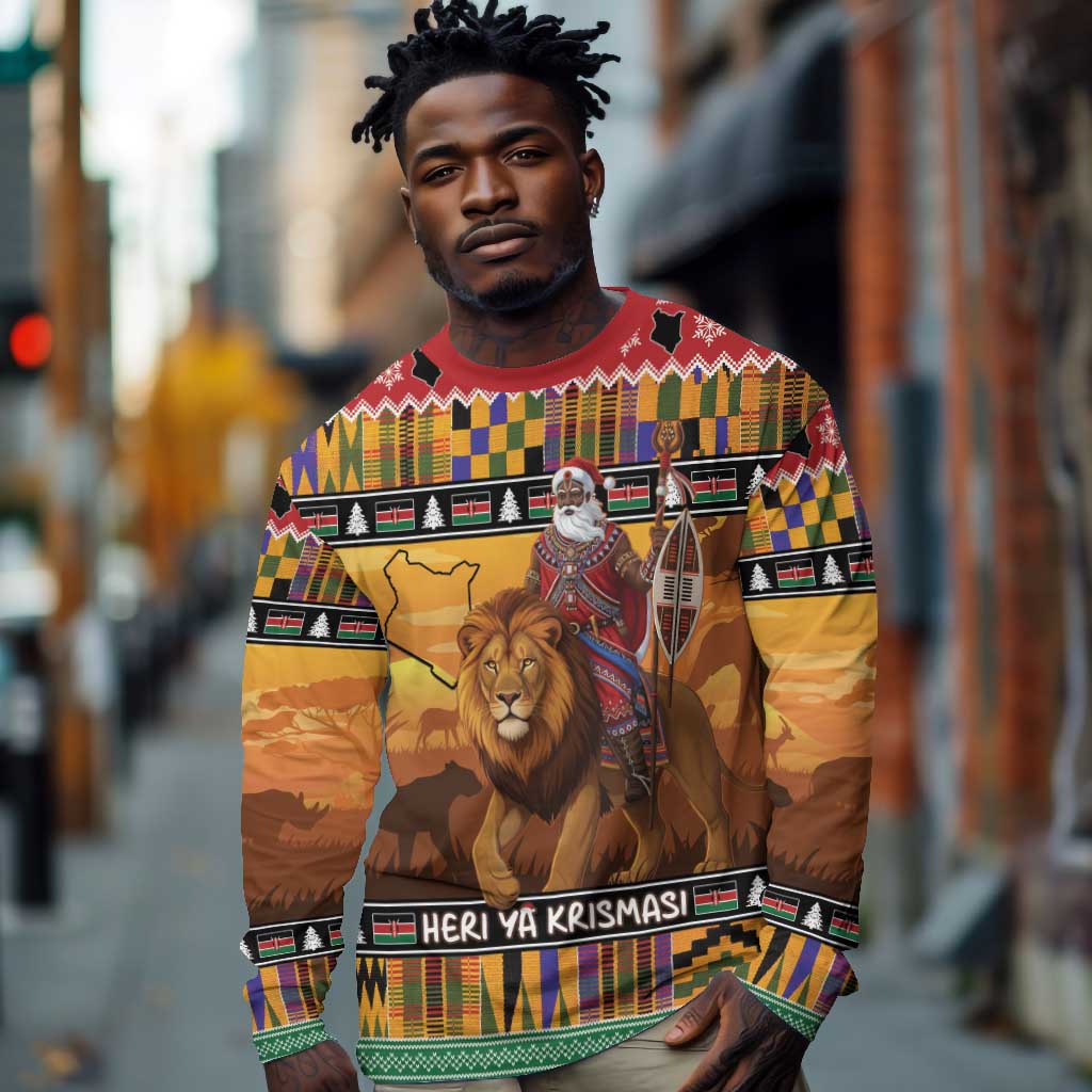 Afro Christmas in Kenya Safari Long Sleeve Shirt Black Santa Riding Lion - African Pride