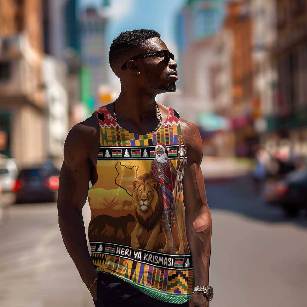 Afro Christmas in Kenya Safari Men Tank Top Black Santa Riding Lion - African Pride