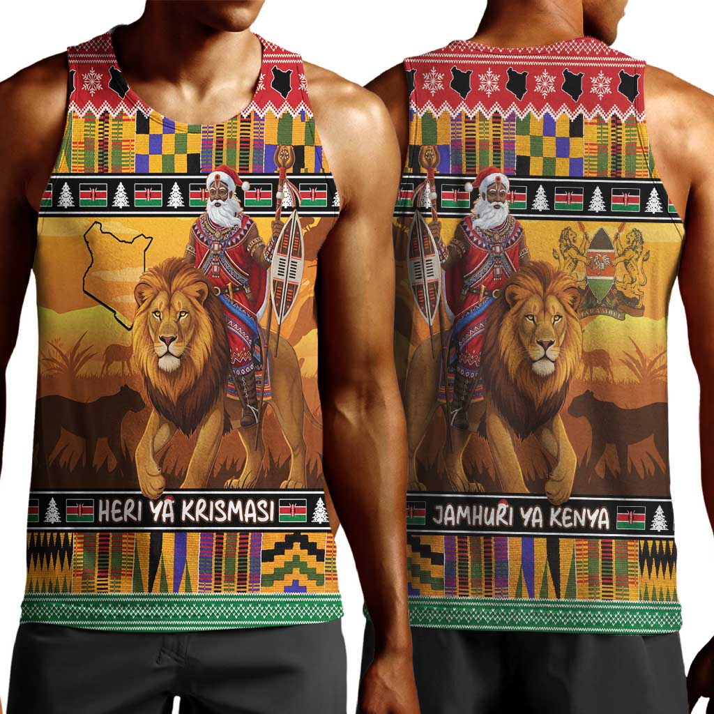 Afro Christmas in Kenya Safari Men Tank Top Black Santa Riding Lion - African Pride