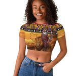 Afro Christmas in Kenya Safari Raglan Cropped T shirt Black Santa Riding Lion - African Pride