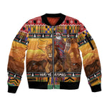 Afro Christmas in Kenya Safari Sleeve Zip Bomber Jacket Black Santa Riding Lion - African Pride