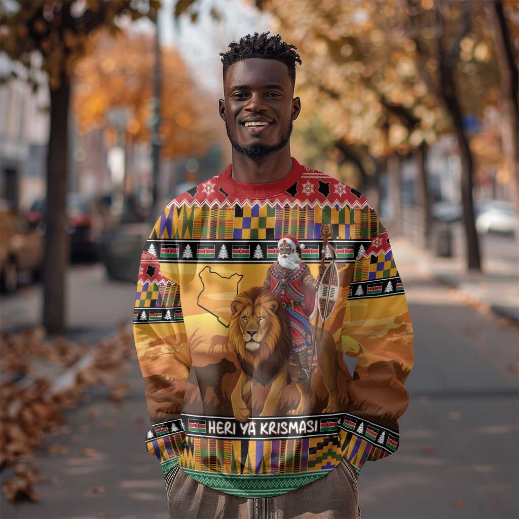 Afro Christmas in Kenya Safari Sweatshirt Black Santa Riding Lion - African Pride