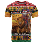 Afro Christmas in Kenya Safari T shirt Black Santa Riding Lion - African Pride