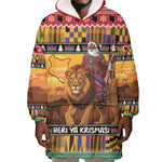 Afro Christmas in Kenya Safari Wearable Blanket Hoodie Black Santa Riding Lion - African Pride