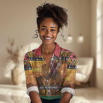 Afro Christmas in Kenya Safari Women Casual Shirt Black Santa Riding Lion - African Pride