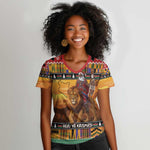 Afro Christmas in Kenya Safari Women V-Neck T-Shirt Black Santa Riding Lion - African Pride