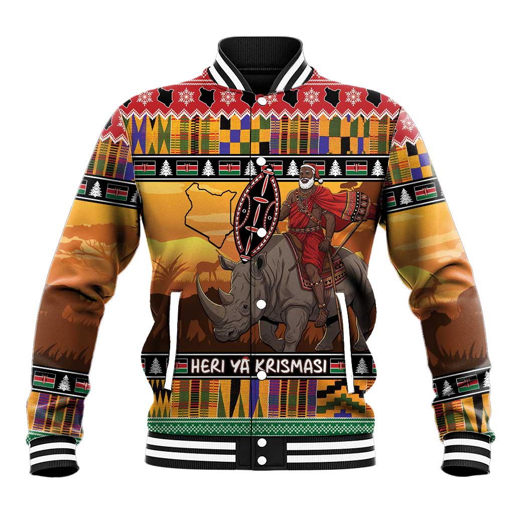 Afro Christmas in Kenya Safari Baseball Jacket Black Santa Riding Rhinoceros - African Pride