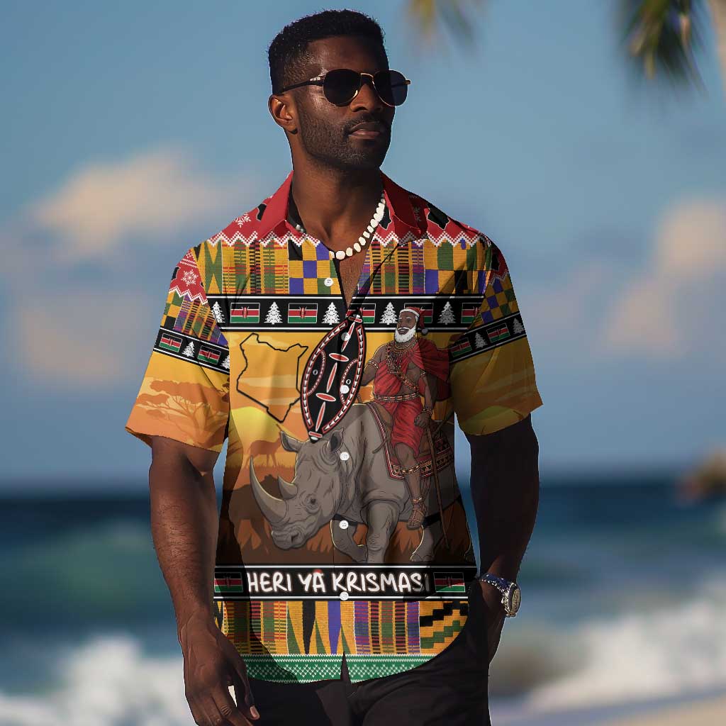Afro Christmas in Kenya Safari Hawaiian Shirt Black Santa Riding Rhinoceros - African Pride