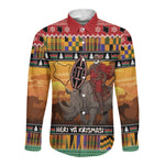 Afro Christmas in Kenya Safari Long Sleeve Button Shirt Black Santa Riding Rhinoceros - African Pride