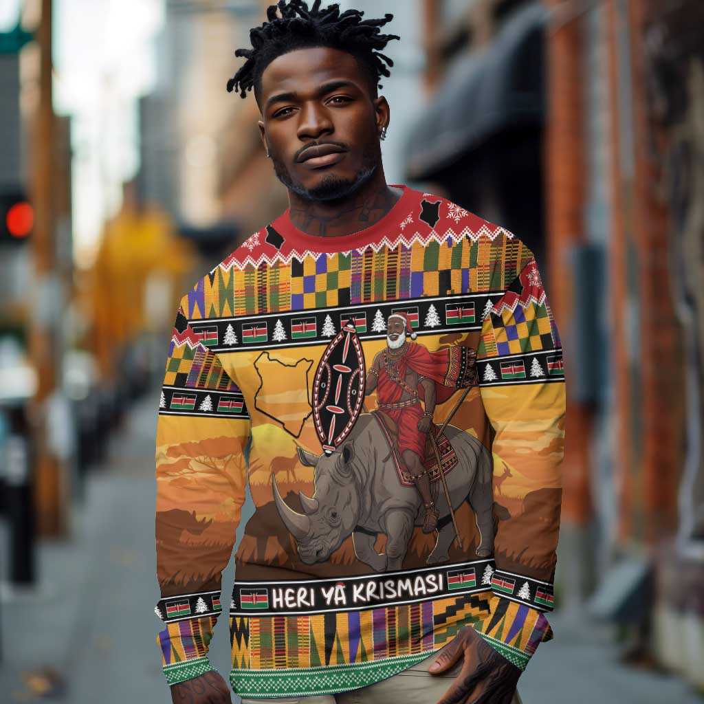 Afro Christmas in Kenya Safari Long Sleeve Shirt Black Santa Riding Rhinoceros - African Pride
