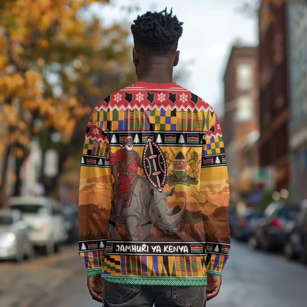 Afro Christmas in Kenya Safari Long Sleeve Shirt Black Santa Riding Rhinoceros - African Pride