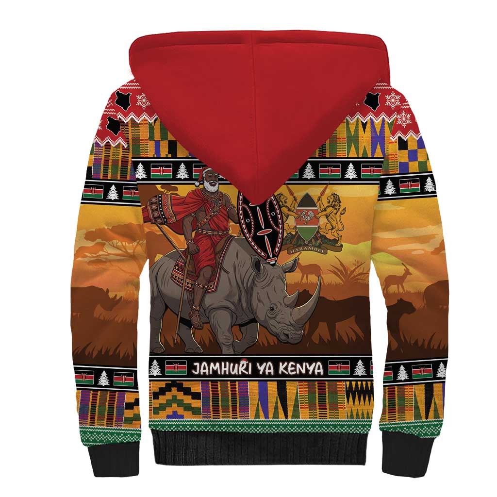 Afro Christmas in Kenya Safari Sherpa Hoodie Black Santa Riding Rhinoceros - African Pride