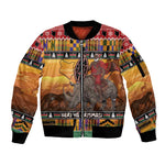 Afro Christmas in Kenya Safari Sleeve Zip Bomber Jacket Black Santa Riding Rhinoceros - African Pride