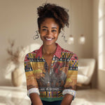 Afro Christmas in Kenya Safari Women Casual Shirt Black Santa Riding Rhinoceros - African Pride