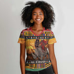 Afro Christmas in Kenya Safari Women V-Neck T-Shirt Black Santa Riding Rhinoceros - African Pride