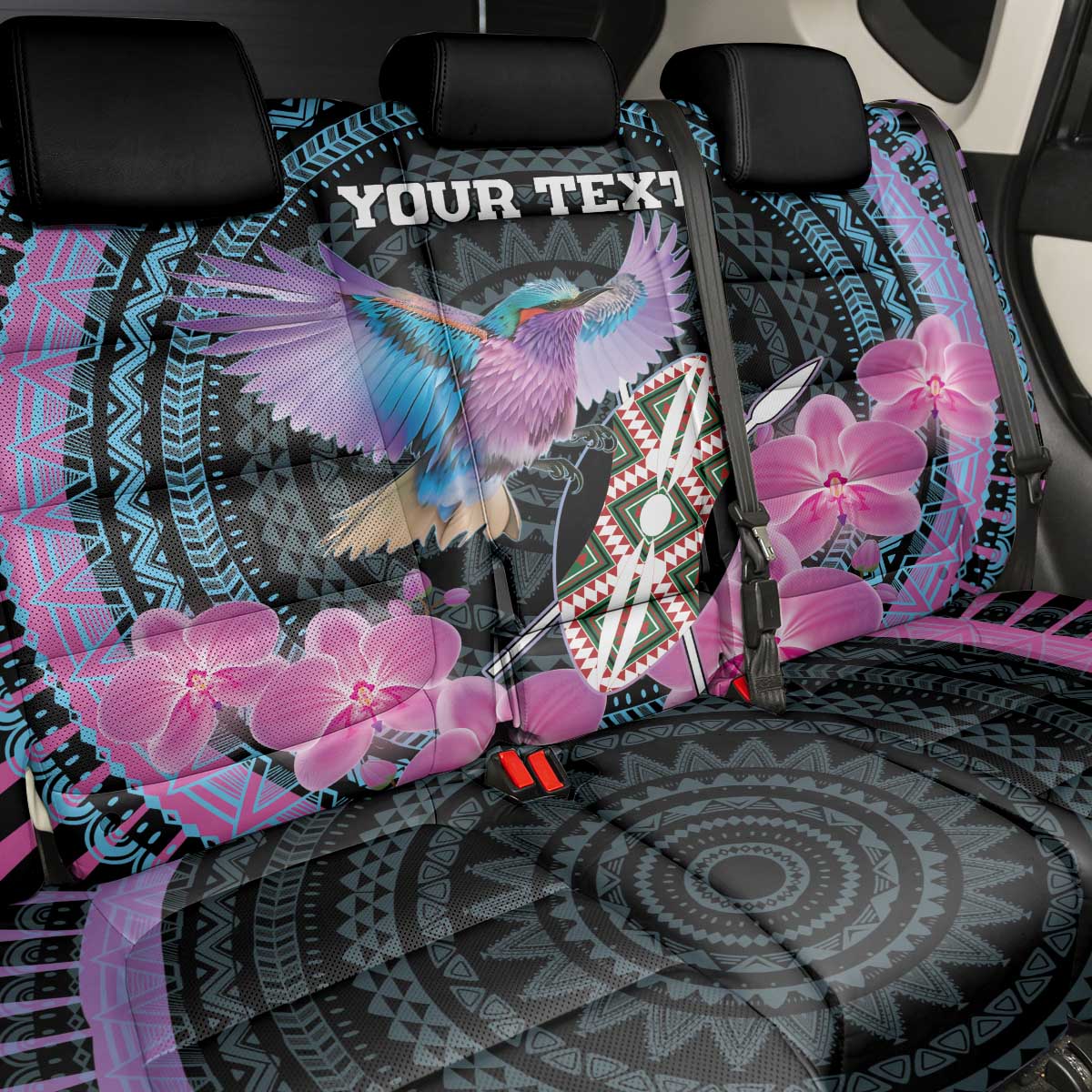 Personalised Kenya Lilac Breasted Roller Back Car Seat Cover Orchid Flower - African Pattern