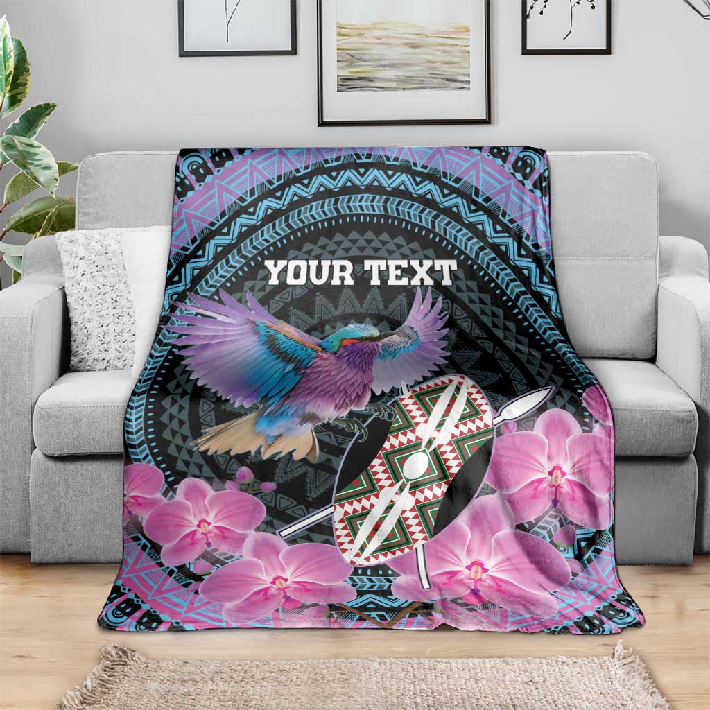 Personalised Kenya Lilac Breasted Roller Blanket Orchid Flower - African Pattern
