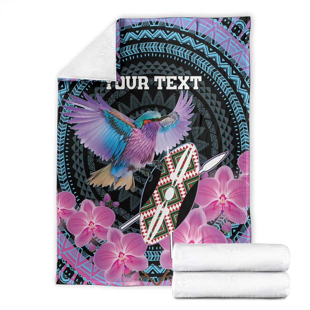 Personalised Kenya Lilac Breasted Roller Blanket Orchid Flower - African Pattern