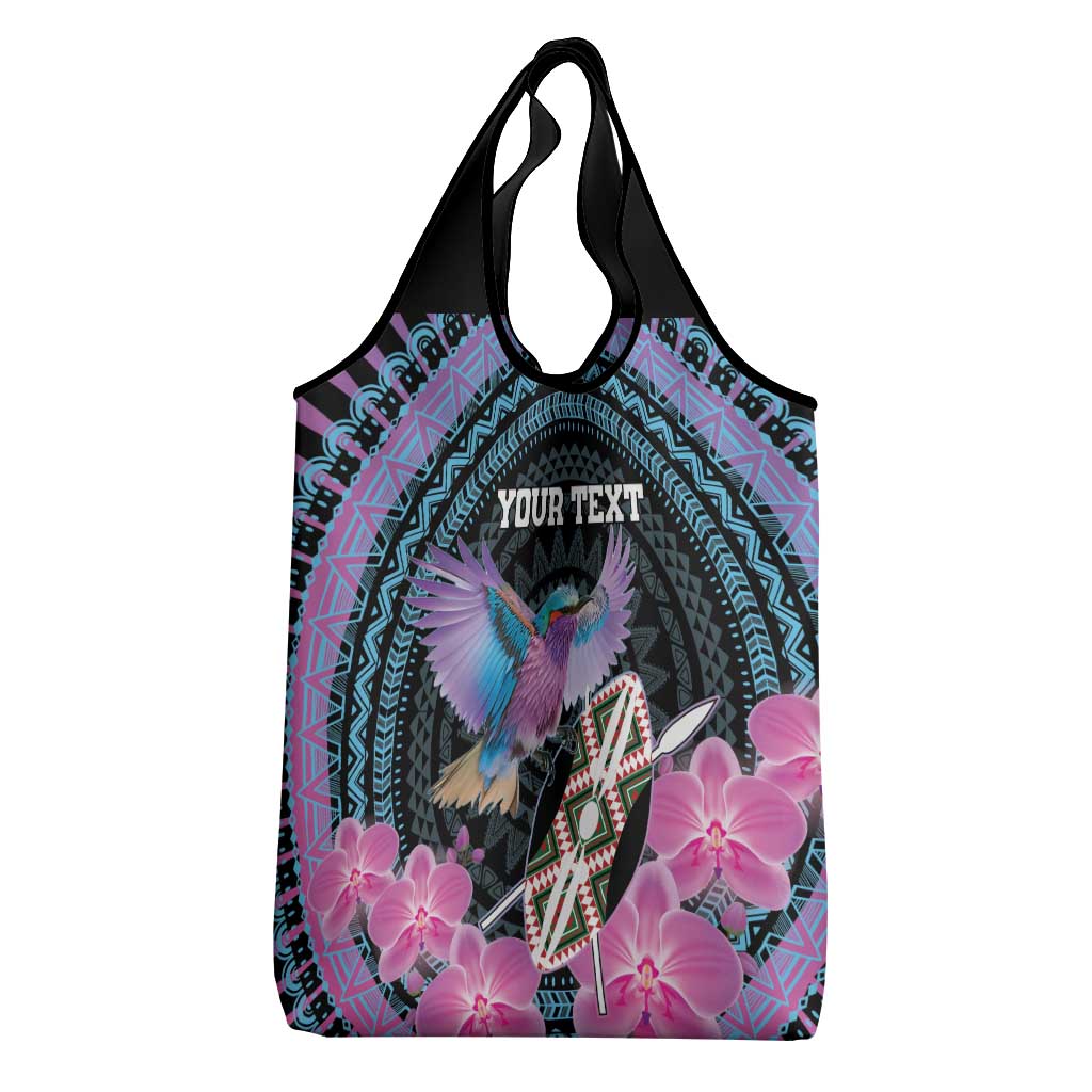 Personalised Kenya Lilac Breasted Roller Grocery Bag Orchid Flower - African Pattern