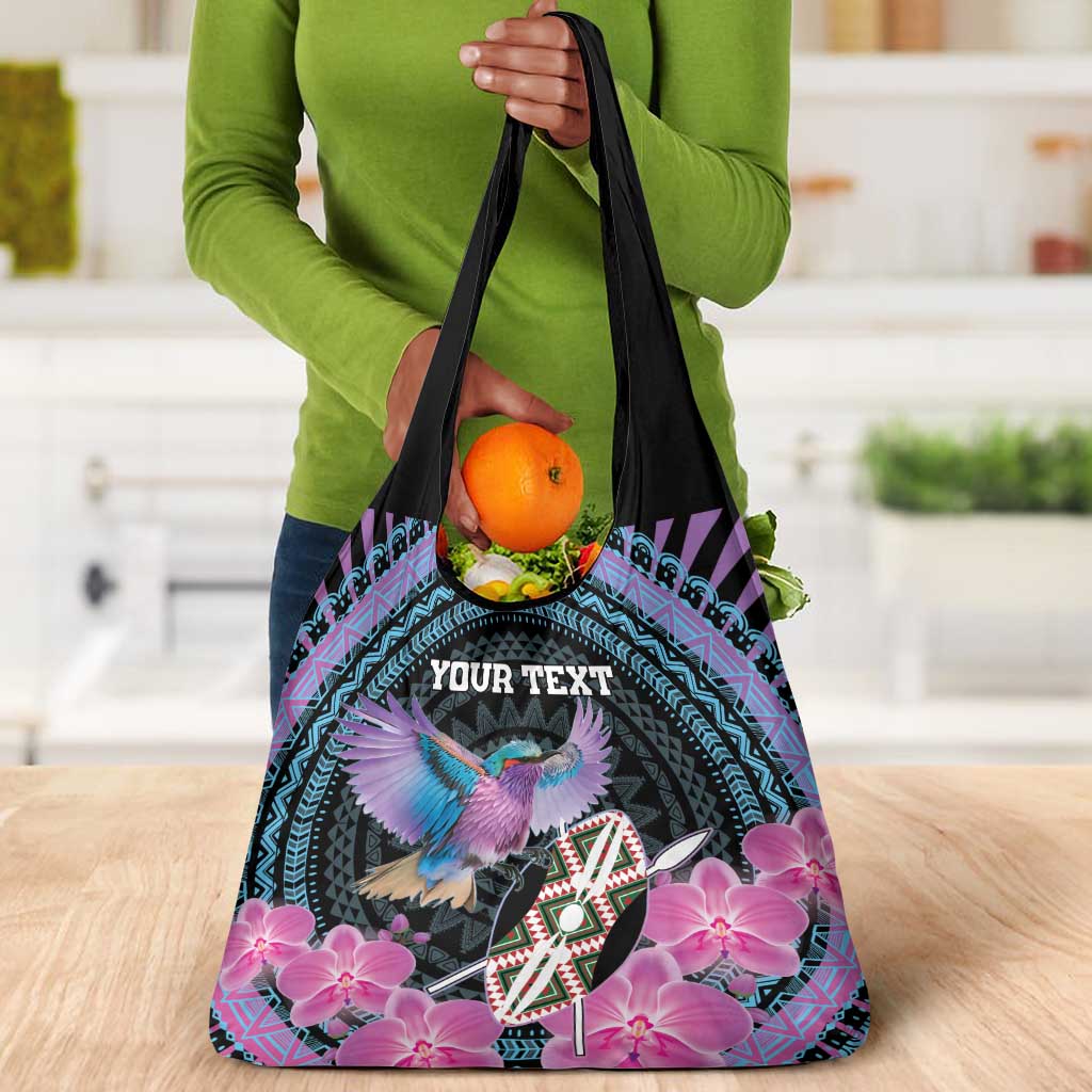 Personalised Kenya Lilac Breasted Roller Grocery Bag Orchid Flower - African Pattern