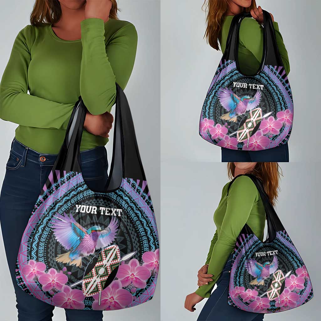 Personalised Kenya Lilac Breasted Roller Grocery Bag Orchid Flower - African Pattern