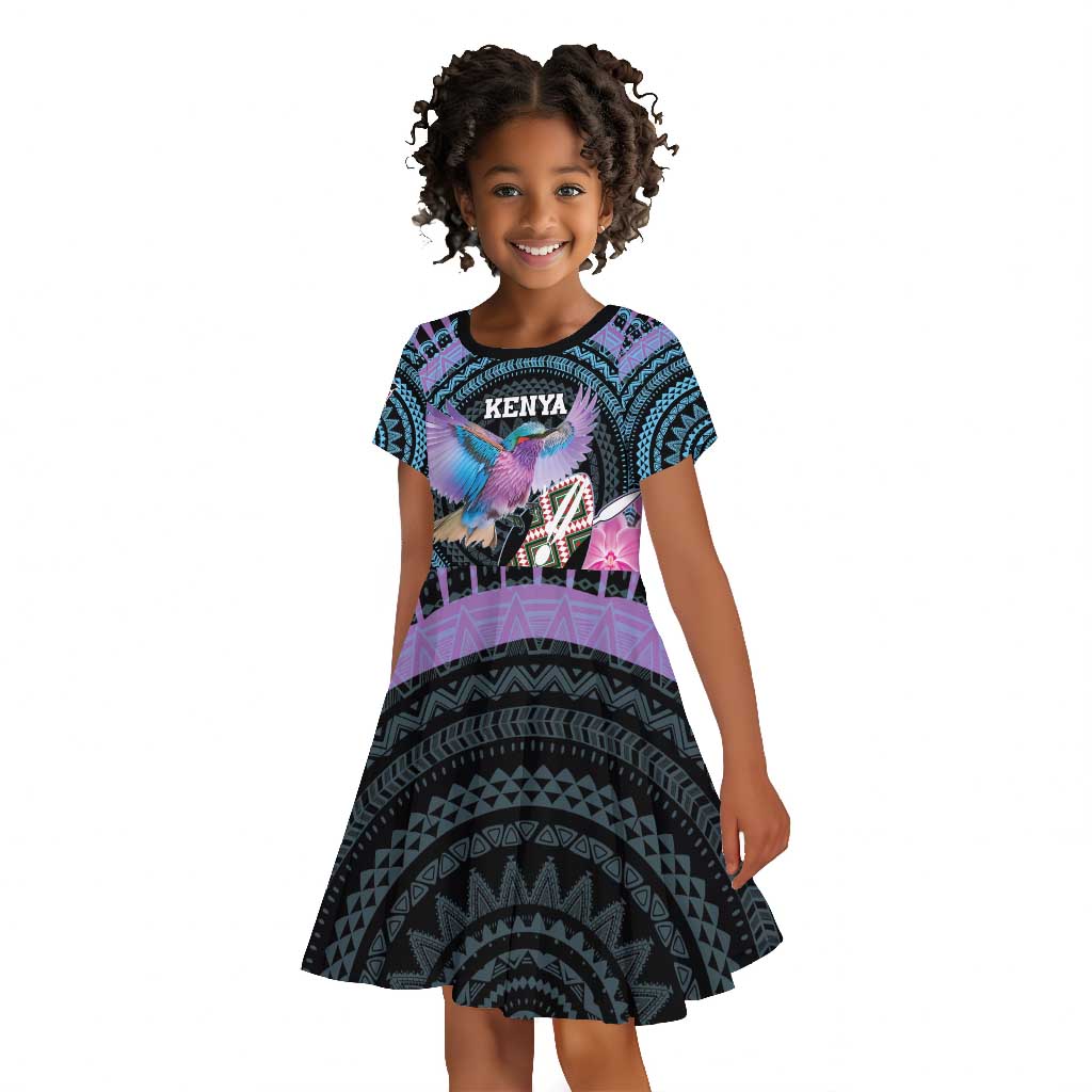 Personalised Kenya Lilac Breasted Roller Kid Short Sleeve Dress Orchid Flower - African Pattern