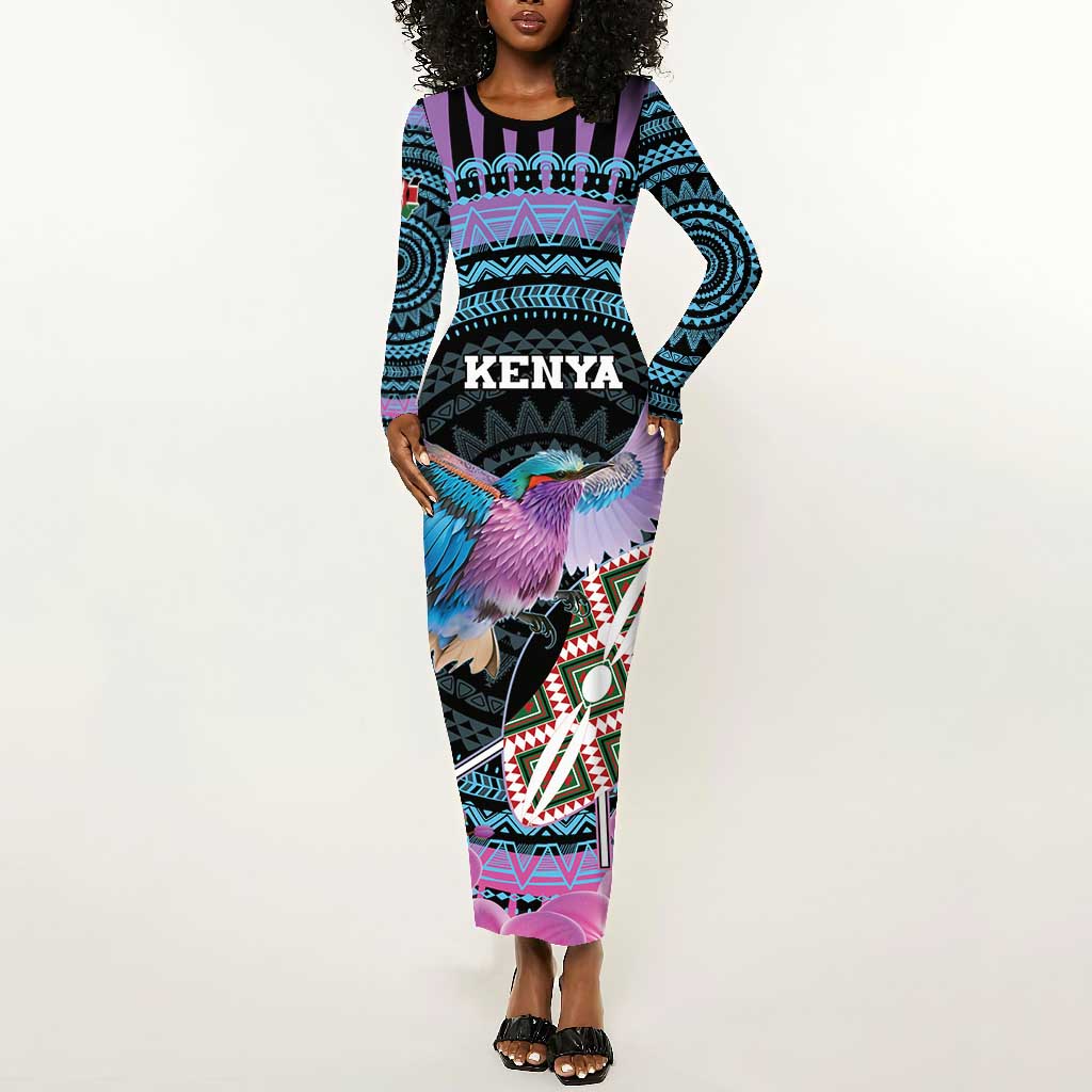 Personalised Kenya Lilac Breasted Roller Long Sleeve Bodycon Dress Orchid Flower - African Pattern LT15